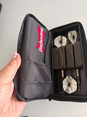 Vintage Budweiser Black Dart Case with Spider-Web Flight Darts